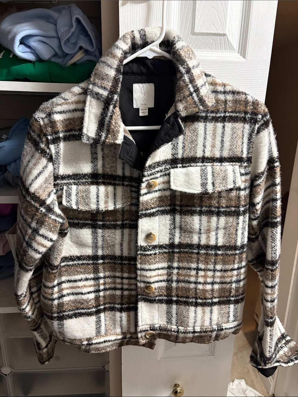 Joie Plaid Wool-Blend Shacket in Cream, Brown & Black